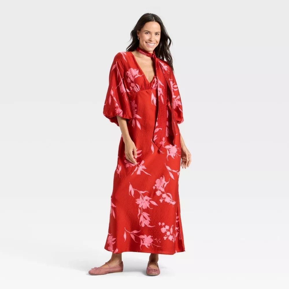 NWT A New Day Red Pink Floral Tie Neck Maxi Dress Balloon Sleeves Size M Boho